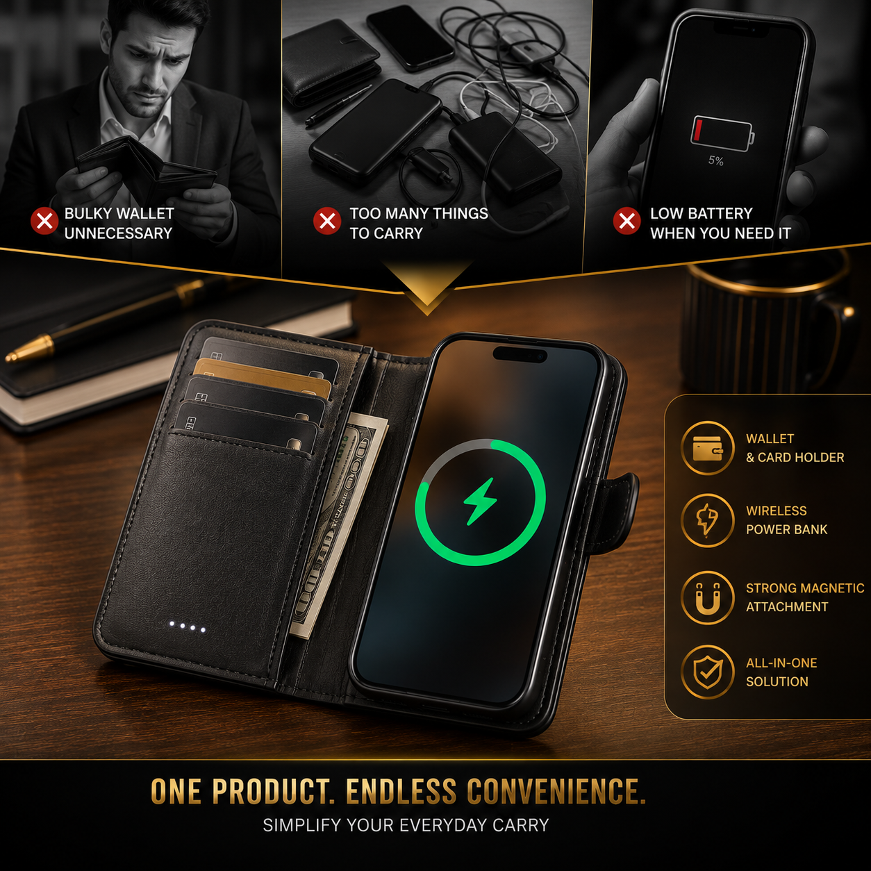 Leather Wallet Wireless Power Bank – Magnetic Fast Charging