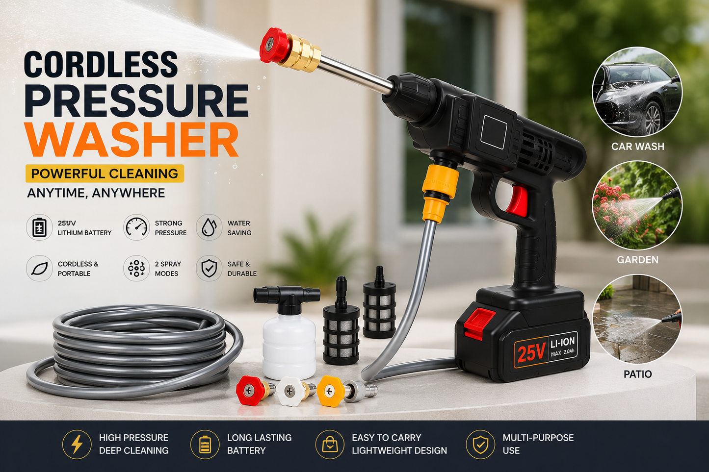 25V Cordless High Pressure Washer – Car, Home & Garden Clean
