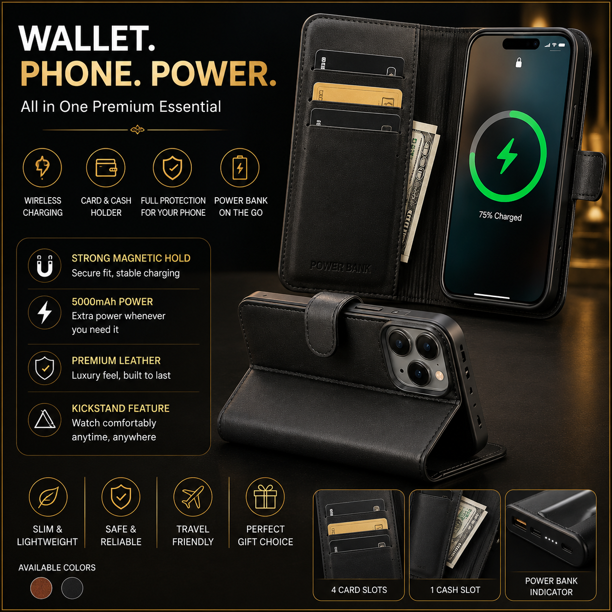 Leather Wallet Wireless Power Bank – Magnetic Fast Charging